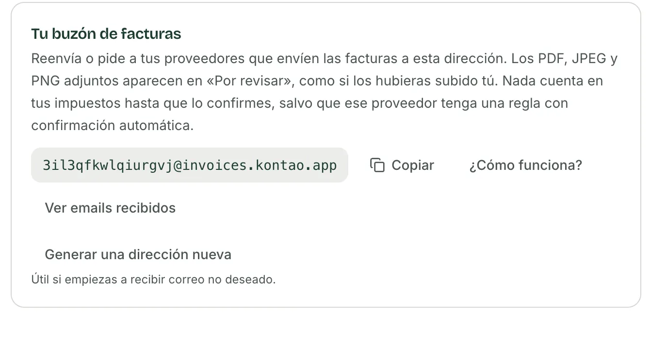 Ajustes de Kontao, sección Buzón de facturas: tu dirección de correo personal para reenviar facturas.